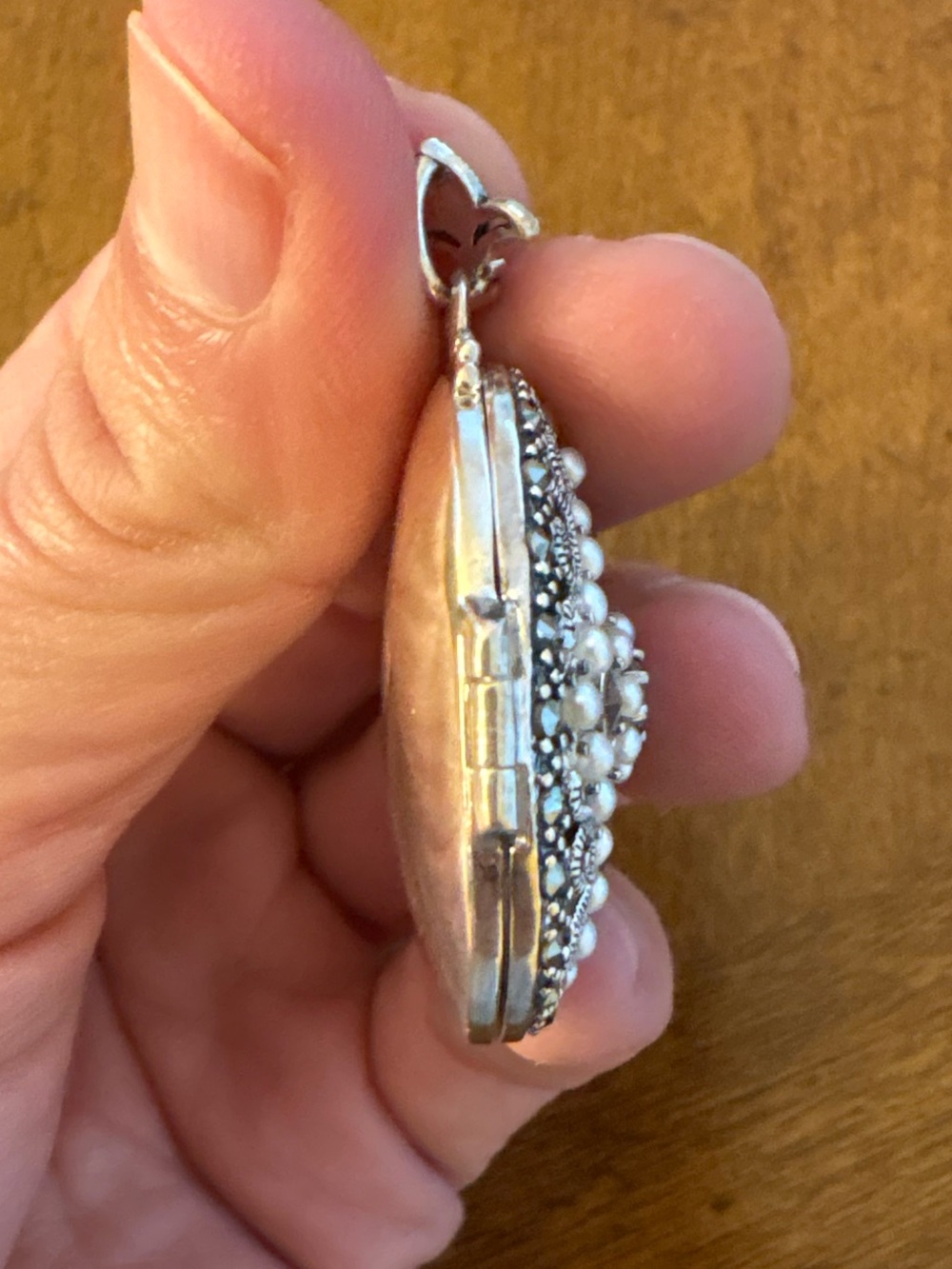 Vintage 925 Sterling Silver Marcasite Pearl Locket Pendant Gothic 1.75” - Picture 10 of 15